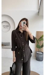 Chesley Kuşaklı Gömlek-Pantolon Takım - Kahve - Kod: 51280