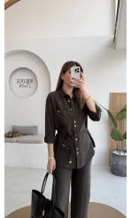 Chesley Kuşaklı Gömlek-Pantolon Takım - Kahve - Kod: 51280