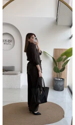 Chesley Kuşaklı Gömlek-Pantolon Takım - Kahve - Kod: 51280