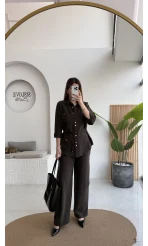 Chesley Kuşaklı Gömlek-Pantolon Takım - Kahve - Kod: 51280