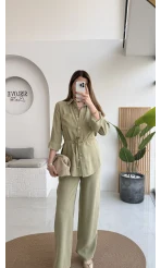 Chesley Kuşaklı Gömlek-Pantolon Takım - Açık Haki - Kod: 51280