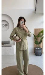 Chesley Kuşaklı Gömlek-Pantolon Takım - Açık Haki - Kod: 51280