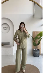 Chesley Kuşaklı Gömlek-Pantolon Takım - Açık Haki - Kod: 51280