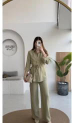 Chesley Kuşaklı Gömlek-Pantolon Takım - Açık Haki - Kod: 51280