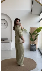 Chesley Kuşaklı Gömlek-Pantolon Takım - Açık Haki - Kod: 51280