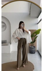 Kemerli Poliviskon Kumaş Pantolon - Karamel - Kod: 51303