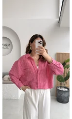 Tensel V Yaka Çizgili Gömlek - Pembe - Kod: 4758