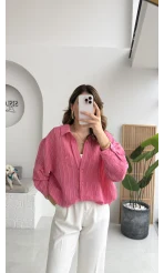 Tensel V Yaka Çizgili Gömlek - Pembe - Kod: 4758