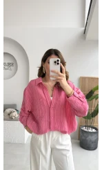 Tensel V Yaka Çizgili Gömlek - Pembe - Kod: 4758