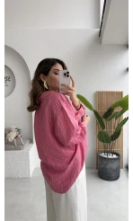 Tensel V Yaka Çizgili Gömlek - Pembe - Kod: 4758