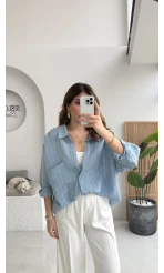 Tensel V Yaka Çizgili Gömlek - İndigo - Kod: 4758