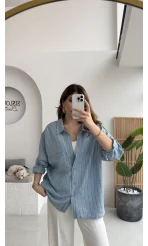 Tensel V Yaka Çizgili Gömlek - İndigo - Kod: 4758