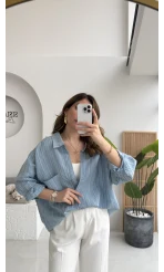 Tensel V Yaka Çizgili Gömlek - İndigo - Kod: 4758