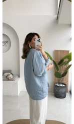 Tensel V Yaka Çizgili Gömlek - İndigo - Kod: 4758