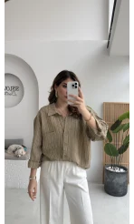 Tensel V Yaka Çizgili Gömlek - Olive - Kod: 4758