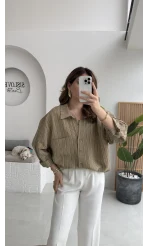 Tensel V Yaka Çizgili Gömlek - Olive - Kod: 4758