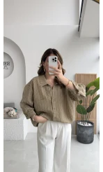 Tensel V Yaka Çizgili Gömlek - Olive - Kod: 4758