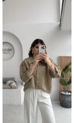 Tensel V Yaka Çizgili Gömlek - Olive - Kod: 4758