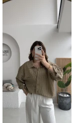 Tensel V Yaka Çizgili Gömlek - Olive - Kod: 4758