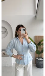 Missy Beli Pile Detay V Yaka Gömlek - Mavi - Kod: 2222