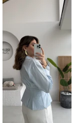 Missy Beli Pile Detay V Yaka Gömlek - Mavi - Kod: 2222