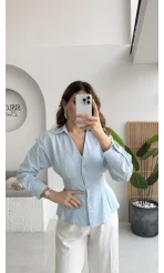 Missy Beli Pile Detay V Yaka Gömlek - Mavi - Kod: 2222