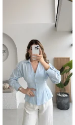 Missy Beli Pile Detay V Yaka Gömlek - Mavi - Kod: 2222