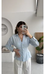 Missy Beli Pile Detay V Yaka Gömlek - Mavi - Kod: 2222