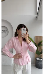 Missy Beli Pile Detay V Yaka Gömlek - Pembe - Kod: 2222