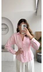 Missy Beli Pile Detay V Yaka Gömlek - Pembe - Kod: 2222