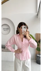 Missy Beli Pile Detay V Yaka Gömlek - Pembe - Kod: 2222