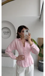 Missy Beli Pile Detay V Yaka Gömlek - Pembe - Kod: 2222