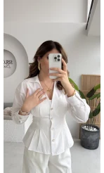 Missy Beli Pile Detay V Yaka Gömlek - Beyaz - Kod: 2222