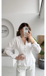 Missy Beli Pile Detay V Yaka Gömlek - Beyaz - Kod: 2222
