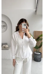 Missy Beli Pile Detay V Yaka Gömlek - Beyaz - Kod: 2222