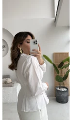 Missy Beli Pile Detay V Yaka Gömlek - Beyaz - Kod: 2222