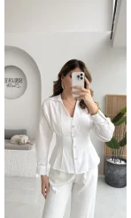 Missy Beli Pile Detay V Yaka Gömlek - Beyaz - Kod: 2222