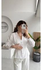 Missy Beli Pile Detay V Yaka Gömlek - Beyaz - Kod: 2222