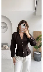 Missy Beli Pile Detay V Yaka Gömlek - Acı Kahve - Kod: 2222