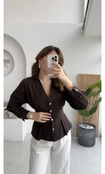 Missy Beli Pile Detay V Yaka Gömlek - Acı Kahve - Kod: 2222