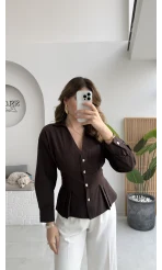 Missy Beli Pile Detay V Yaka Gömlek - Acı Kahve - Kod: 2222