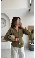 Missy Beli Pile Detay V Yaka Gömlek - Haki - Kod: 2222