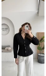 Missy Beli Pile Detay V Yaka Gömlek - Siyah - Kod: 2222