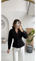 Missy Beli Pile Detay V Yaka Gömlek - Siyah - Kod: 2222