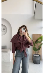 Çizgili Şallı Gömlek - Bordo-Gri - Kod: 5046