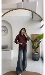 Çizgili Şallı Gömlek - Bordo-Gri - Kod: 5046