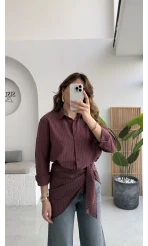 Çizgili Şallı Gömlek - Bordo-Gri - Kod: 5046