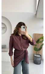 Çizgili Şallı Gömlek - Bordo-Gri - Kod: 5046