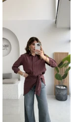 Çizgili Şallı Gömlek - Bordo-Gri - Kod: 5046