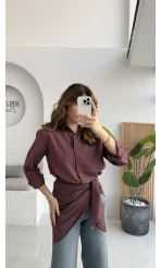 Çizgili Şallı Gömlek - Bordo-Gri - Kod: 5046